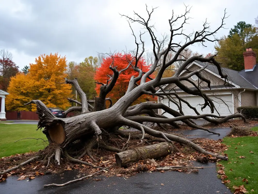 Large tree fallen across a residential driveway after a storm